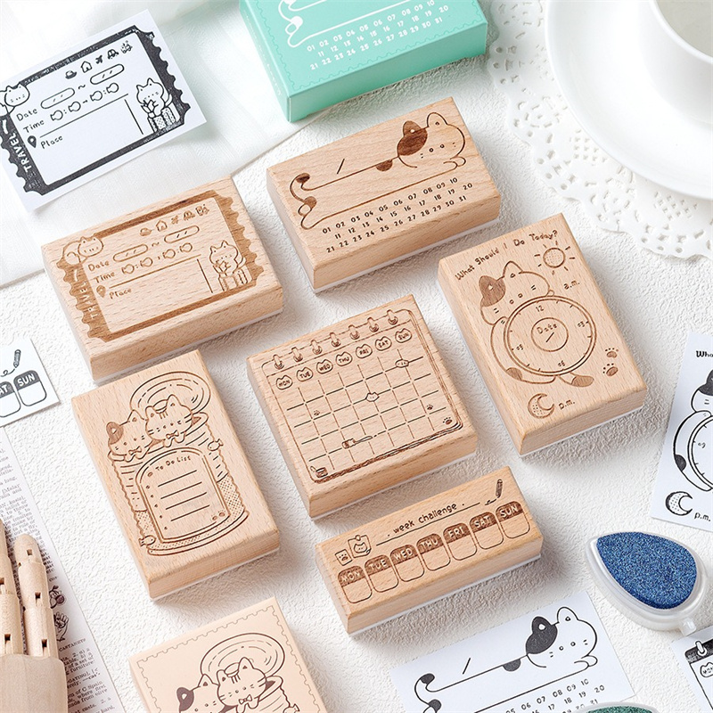 Cute Cat Wooden Rubber Stamp M - Rubber Date Stamp ulasan dan harga
